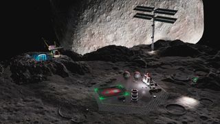 An artist's conception of a mining settlement on the double asteroid 90 Antiope, located in the main asteroid belt between the orbits of Mars and Jupiter.