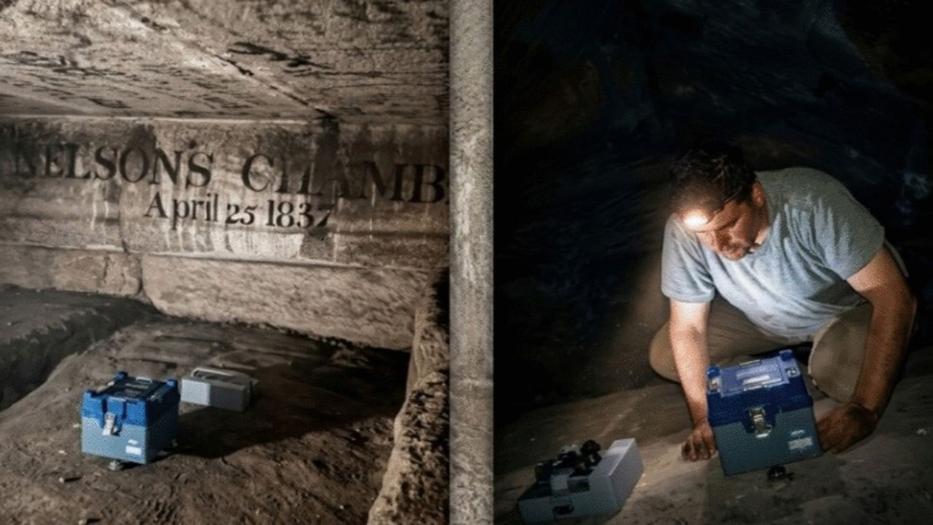 Two side by side images show an underground pyramid on the left, with a dimly it room where on the right a person kneels next to a metal box in the same room