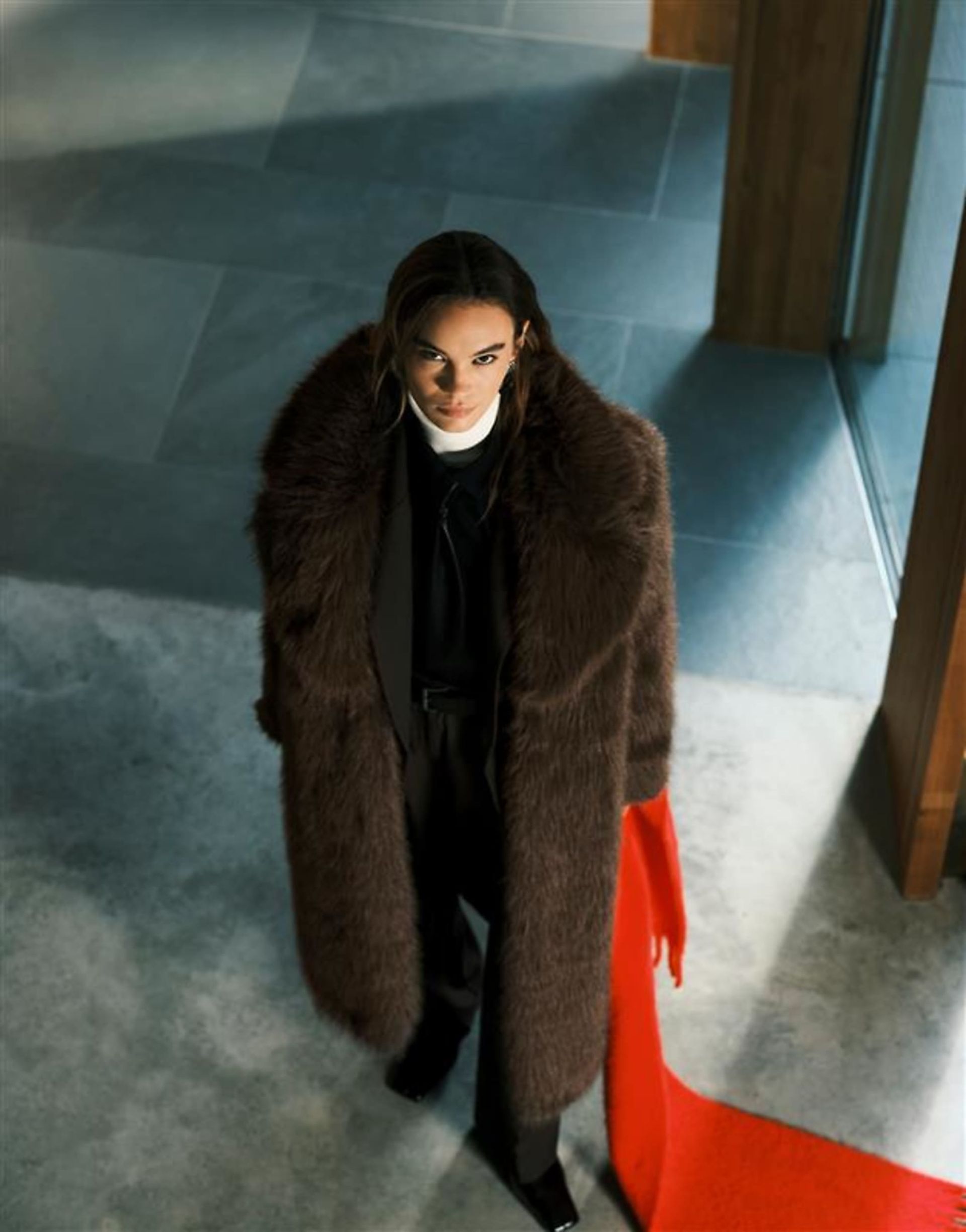 The Frolic Exclusive Faux Fur Oversized Collar Maxi Coat in Brown