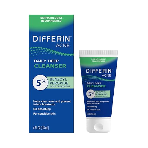 Differin Acne Face Wash With 5% Benzoyl Peroxide, Daily Deep Cleanser by the Makers of Differin Gel, Gentle Skin Care for Acne Prone Sensitive Skin, 4 Oz (packaging May Vary)