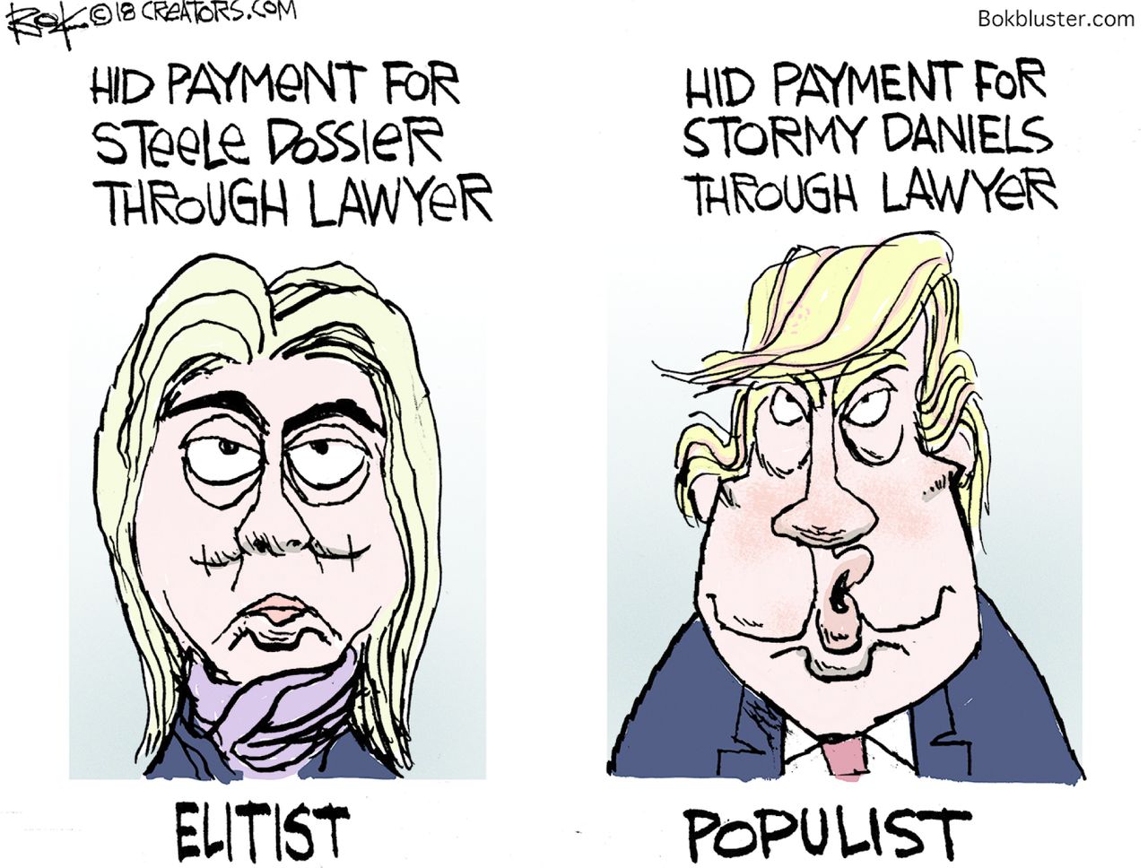 Political cartoon U.S. Trump populist Hillary Clinton elitist Steele dossier affair allegations Stormy Daniels