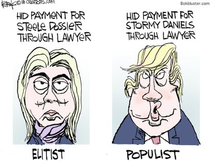 Political cartoon U.S. Trump populist Hillary Clinton elitist Steele dossier affair allegations Stormy Daniels