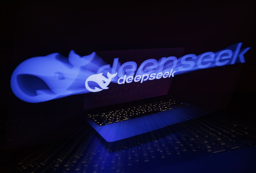 A DeepSeek artificial intelligence logo on a laptop