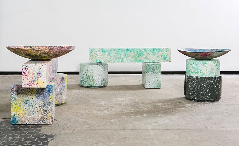 Salon 94 gallery in New York presents &#039;Never Too Much&#039;, Swiss design duo Kueng Caputo&#039;s new series of paint-splattered stools, benches, bowls and lamps.