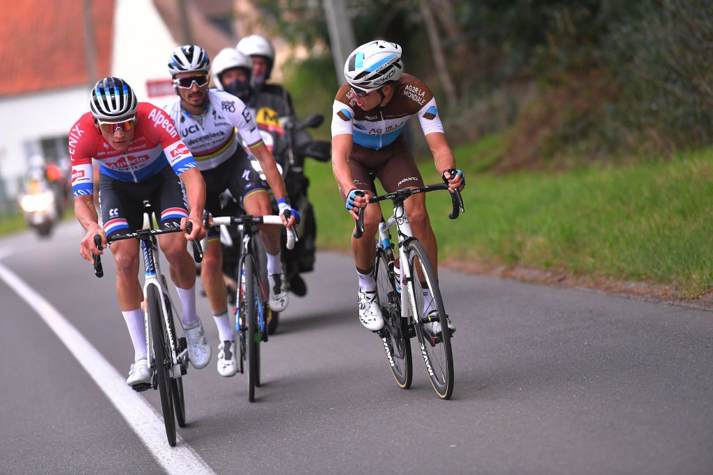 OVERIJSE BELGIUM OCTOBER 07 Mathieu Van Der Poel of Netherlands and Team AlpecinFenix Julian Alaphilippe of France and Team Deceuninck QuickStep Benoit Cosnefroy of France and Team Ag2R La Mondiale Breakaway during the 60th Brabantse Pijl 2020 Men Elite a 197km race from Leuven to OverijseSchavei 106m La Flche Brabanonne BP20 on October 07 2020 in Overijse Belgium Photo by Luc ClaessenGetty Images