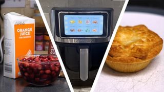 An air fryer in between the ingredients for cranberry sauce and a mince pie