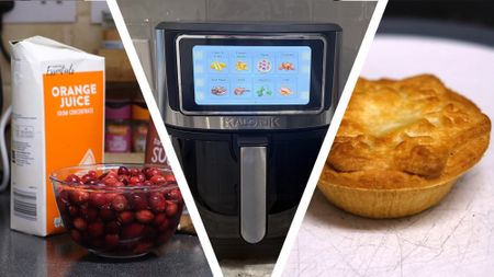 An air fryer in between the ingredients for cranberry sauce and a mince pie