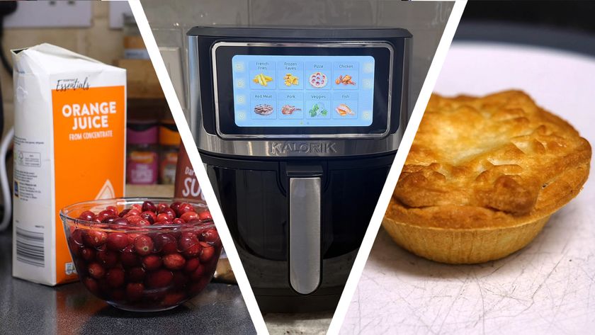 An air fryer in between the ingredients for cranberry sauce and a mince pie