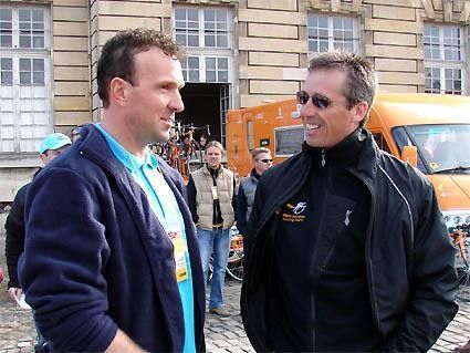 Two ex-riders meet in Compiegne: Johan Museeuw and Marty Jemison.