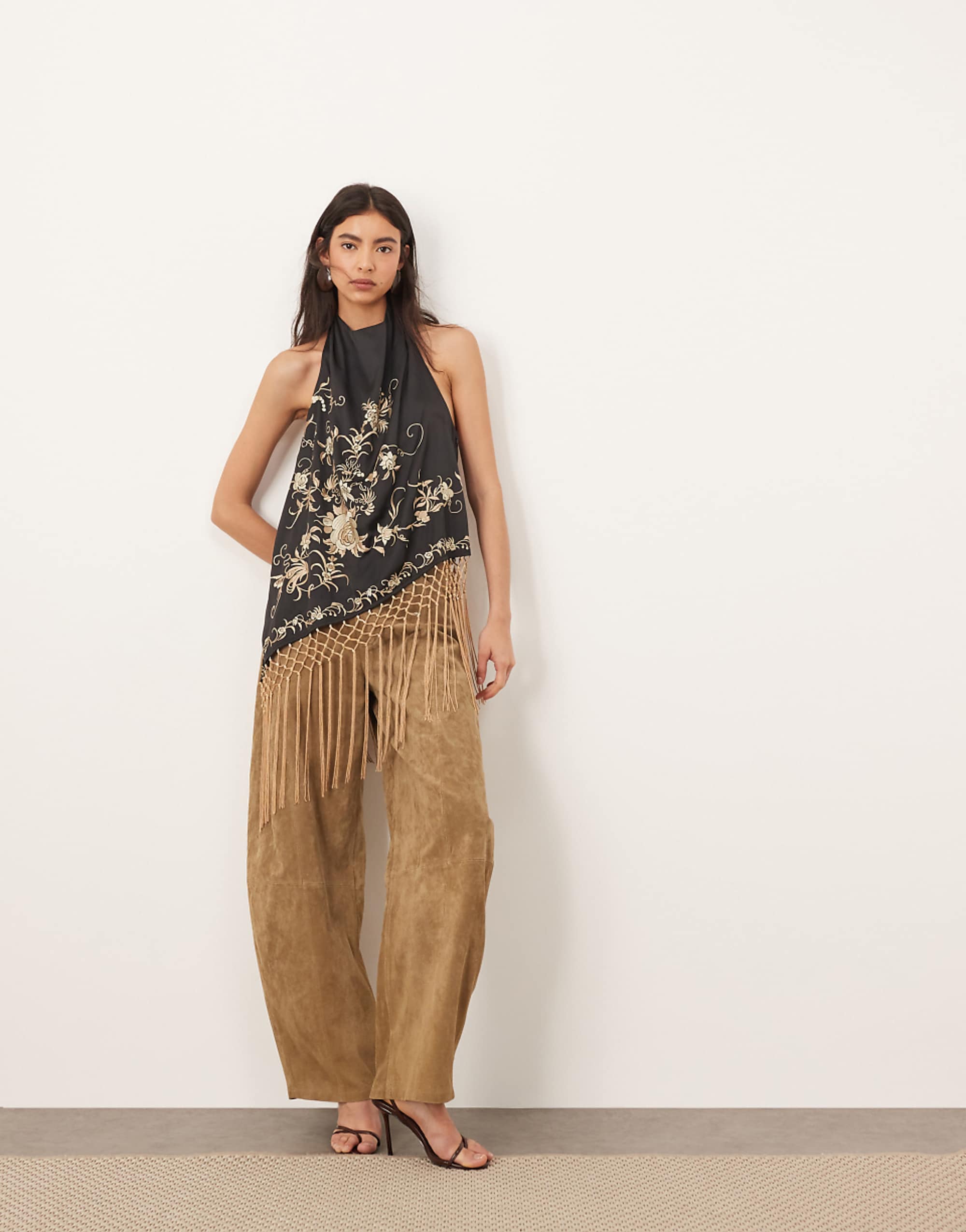 Arrange Embroidered Halterneck Asymmetric Fringe Hem Longline Top in Black