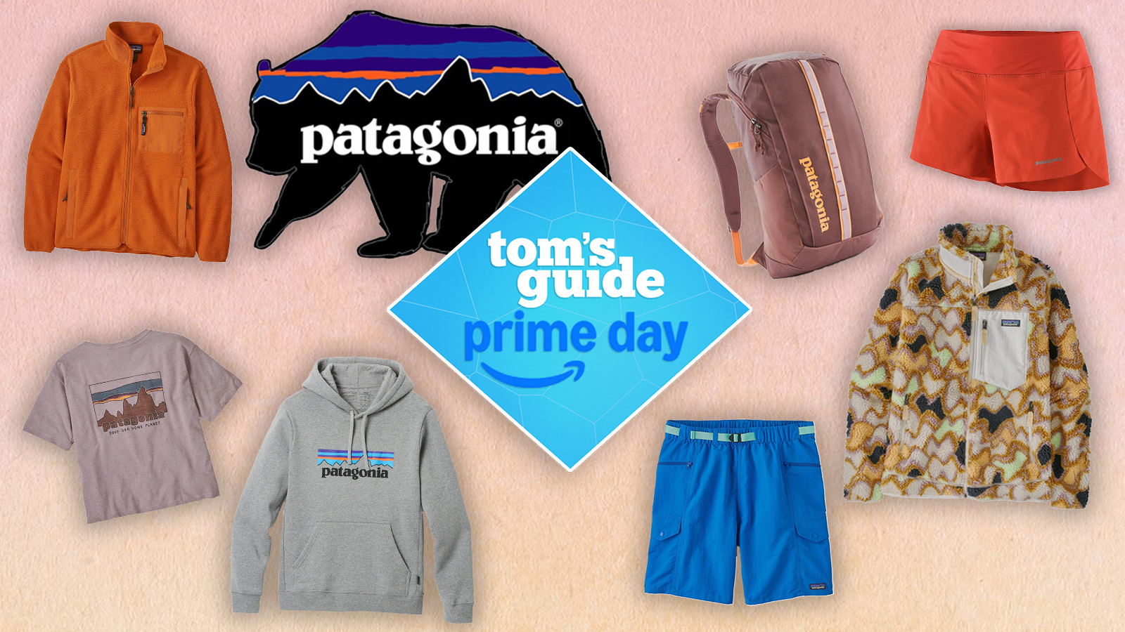 a composite image on a peach background with the patagonia bear logo, tom's guide prime day badge, and various patagonia gear