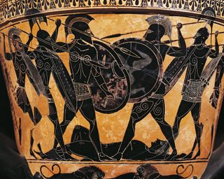 Black-figure pottery, Krater depicting fight for the body of Patroclus, From Farsala, Greece.