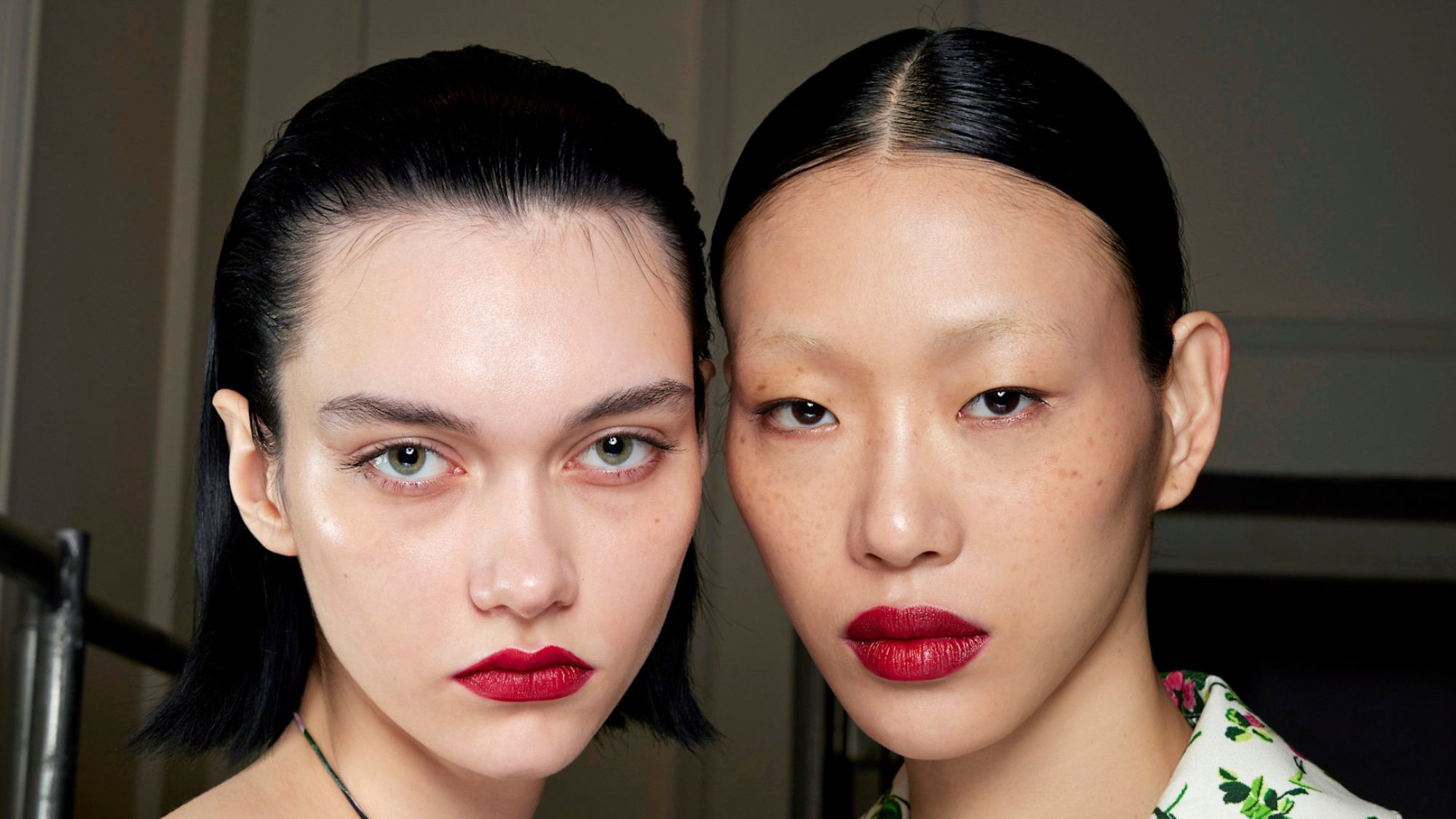 two models with super glowy skin backstage at Carolina Herrera - medicube