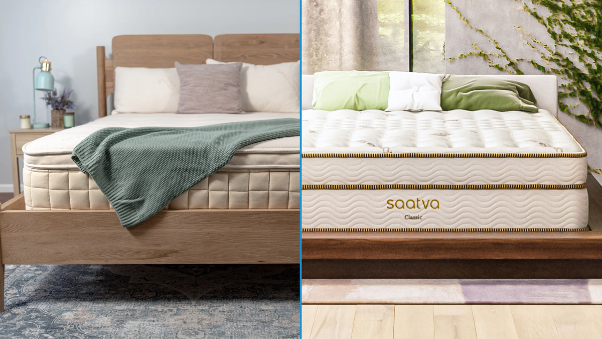 A Naturepedic Concerto mattress on the left, a Satvaa Classic mattress on the right