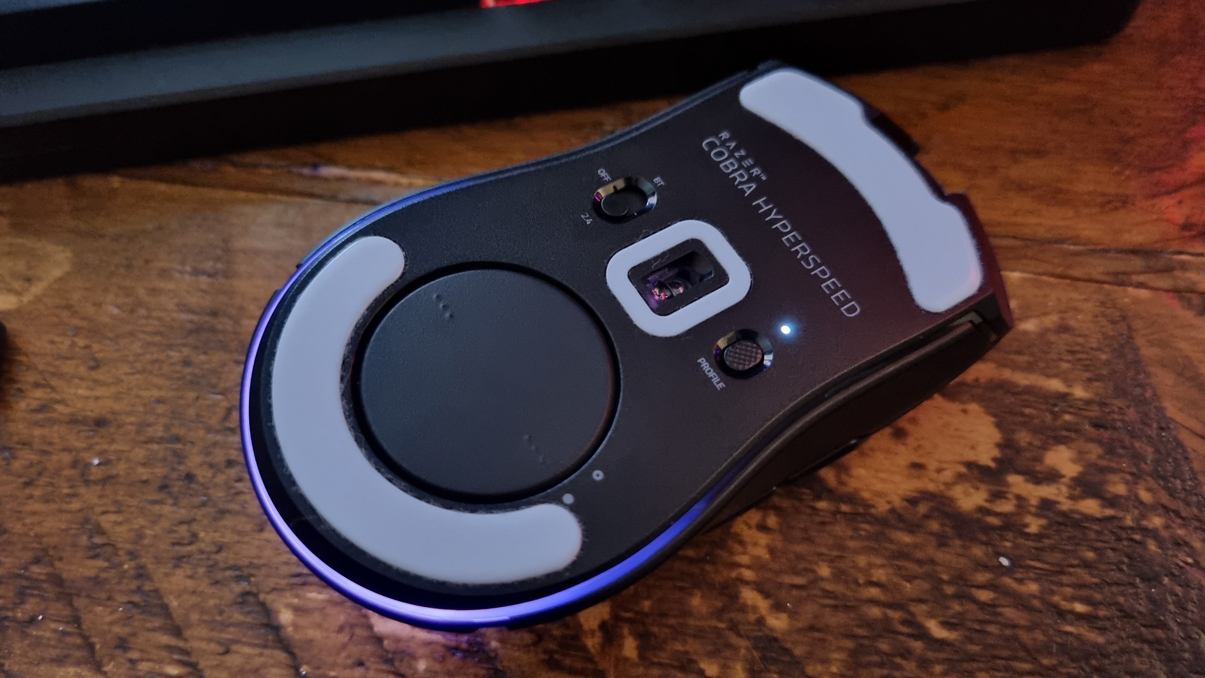 The underside of the Razer Cobra HyperSpeed gaming mouse
