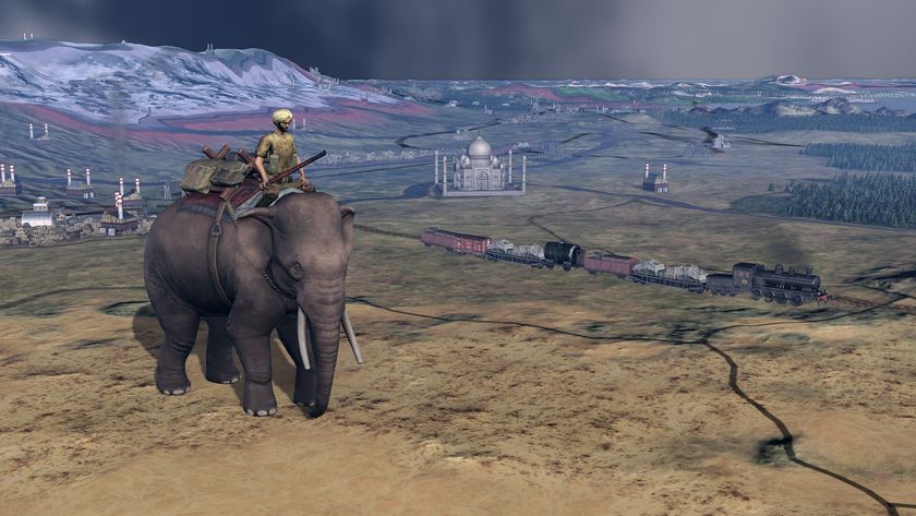 An armed soldier rides an elephant.