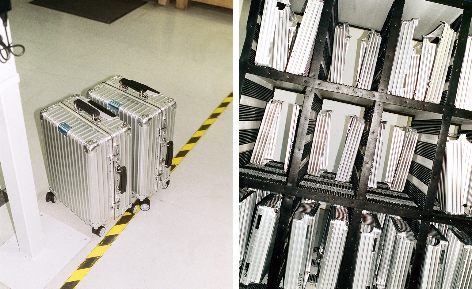 Paired image of Rimowa aluminium suitcases in the making