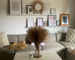 Amazon pampas grass in glass vase on white coffee table in living room