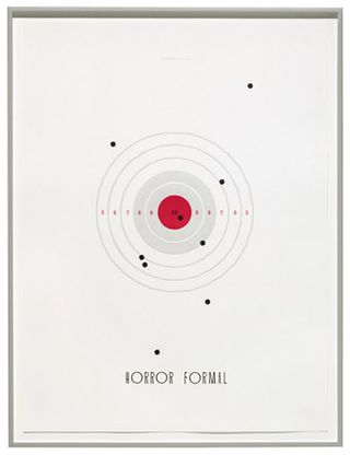 View of ’Horror Formal’ by Matthew Brannon - a print featuring a black, grey and red target and text underneath against a light coloured background