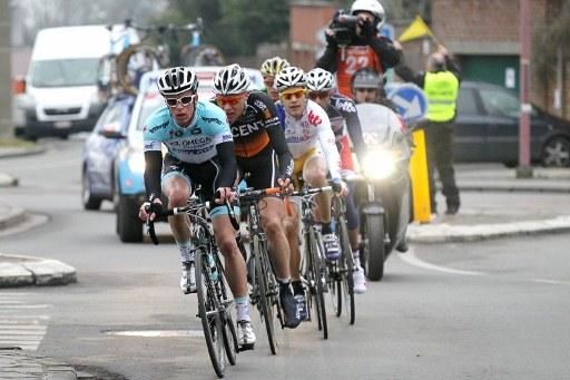 Iljo Keisse (Omega Pharma-QuickStep) at the front of the five-man break which at one point held an 8-minute lead before being caught with 25km to go.