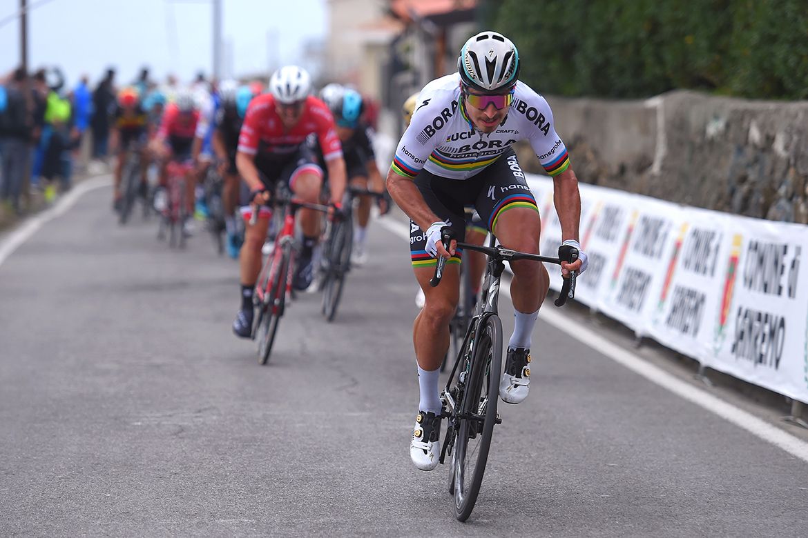 Peter Sagan (Bora-hansgrohe) attacks toward the top of the Poggio