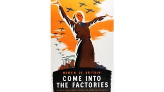 Poster featuring woman raising her arms to a sky filled with warplanes
