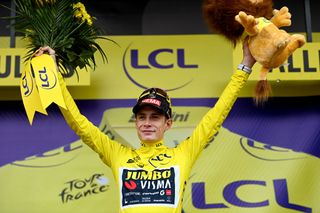 MOULINS FRANCE JULY 12 Jonas Vingegaard of Denmark and Team JumboVisma Yellow Leader Jersey celebrates at podium during the stage eleven of the 110th Tour de France 2023 a 1798km from ClermontFerrand to Moulins UCIWT on July 12 2023 in Moulins France Photo by Tim de WaeleGetty Images