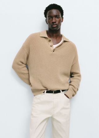 Ribbed Knit Polo Sweater