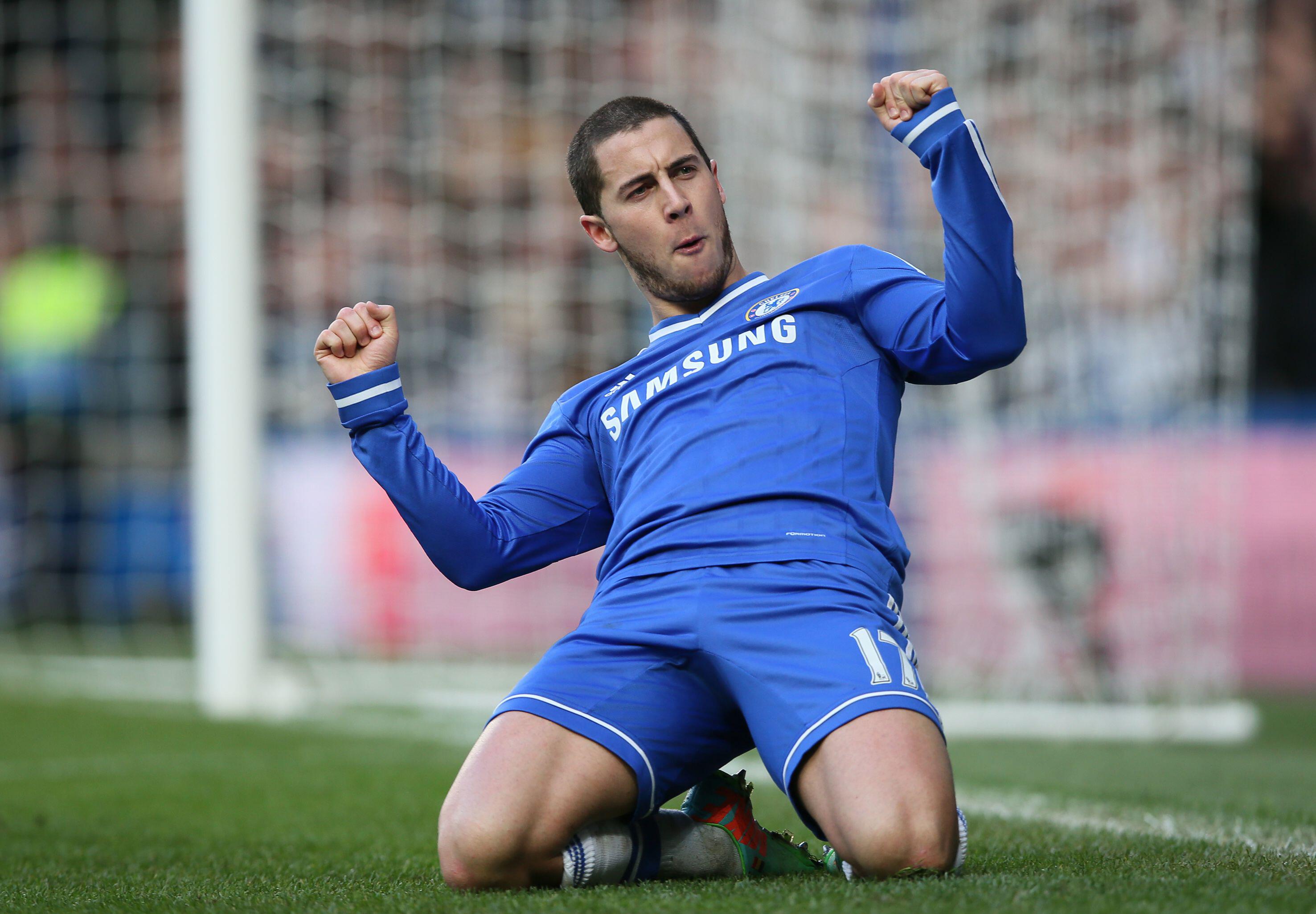 Eden Hazard celebrates after scoring for Chelsea against Newcastle United, 2014