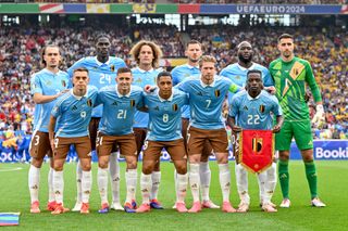 Belgium Euro 2024 squad Belgium players line up for a team photo before the UEFA EURO 2024 group stage match between Ukraine and Belgium at Stuttgart Arena on June 26, 2024 in Stuttgart, Germany. (Photo by Isosport/MB Media/Getty Images)