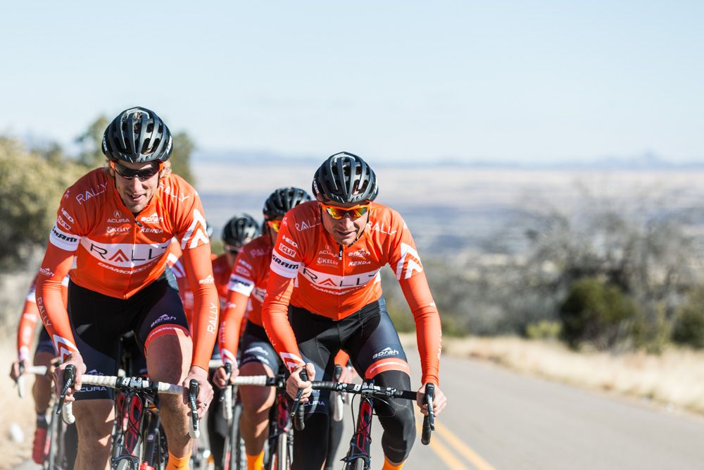 Tom Zirbel and danny Pate train in the new rally Cycling team kit.