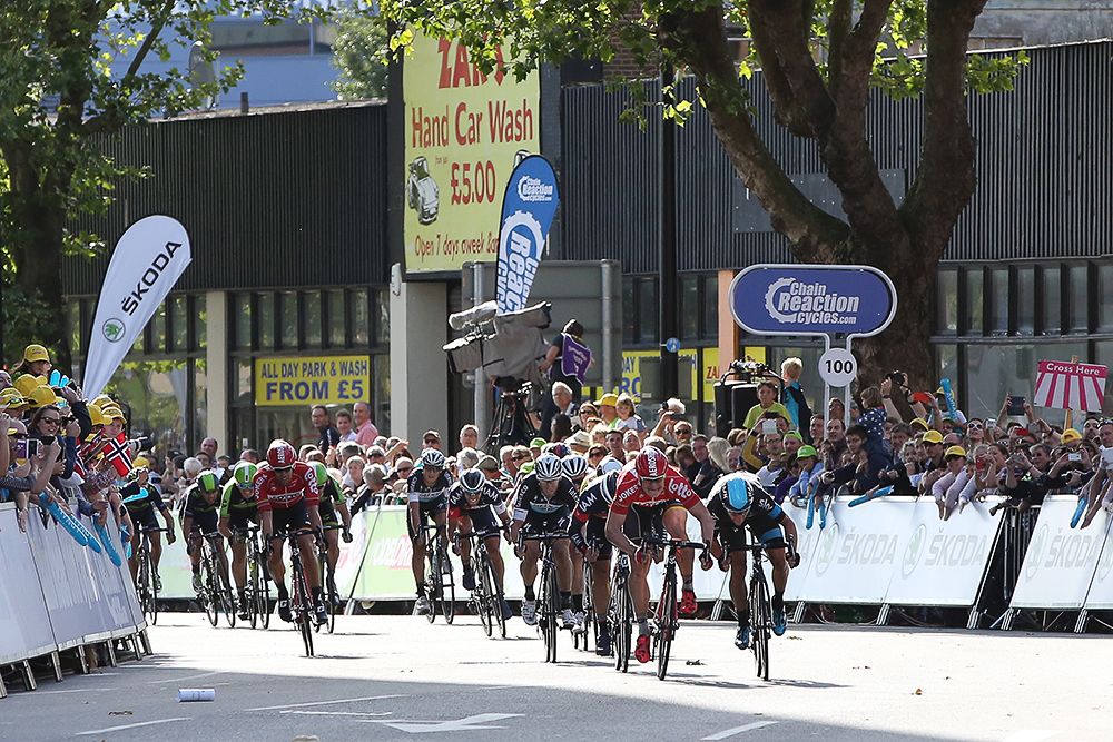 The bunch kicks for the line during stage 7 of the Tour of Britain.