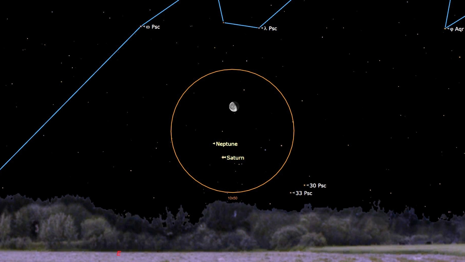 A map of the night sky with the moon, Saturn and Neptune