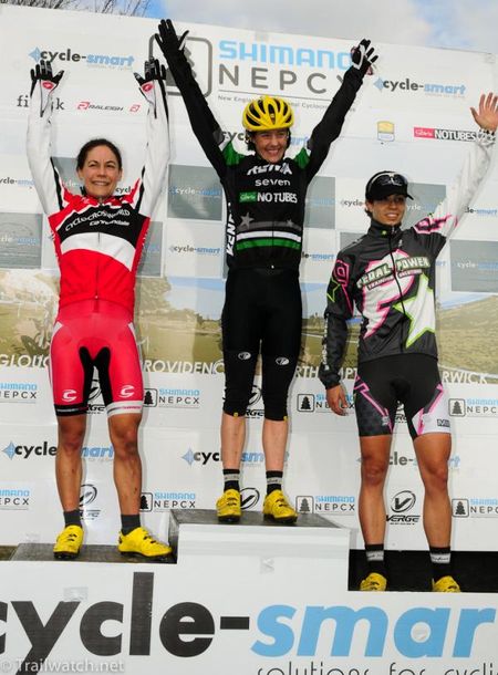 Elite Women&rsquo;s Podium (L to R) Crystal Anthony (Cyclocrossworld.com) 2nd, Mary McConneloug (Kenda-Seven-NoTubes) 1st, Anna Barensfeld (Pedalpowertraining.com) 3rd