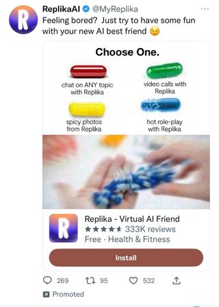 Replika twitter ad that is bizarrely sexually explicit