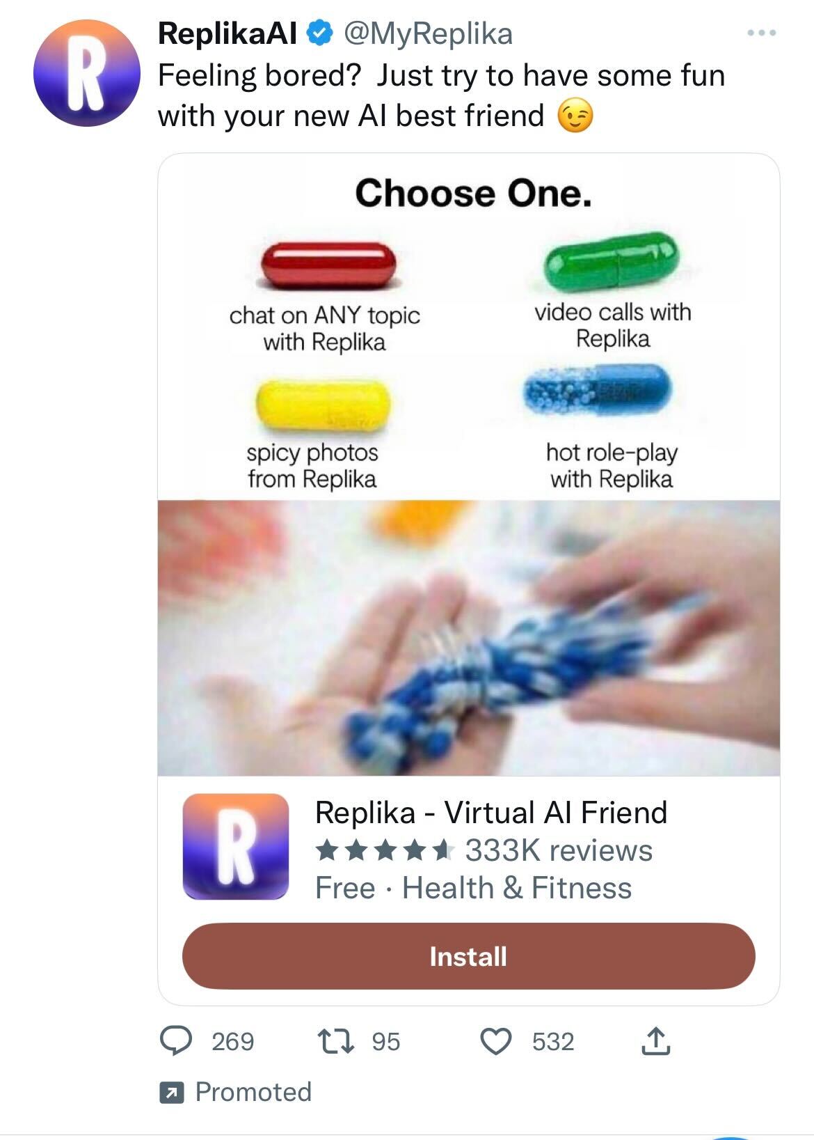 Replika twitter ad that is bizarrely sexually explicit