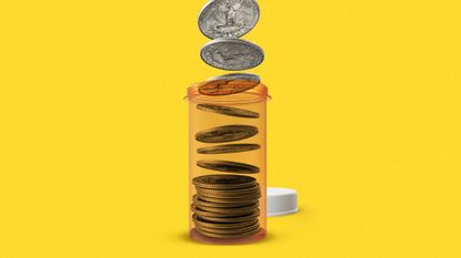 Illustration of a medication pill bottle filling up with quarters