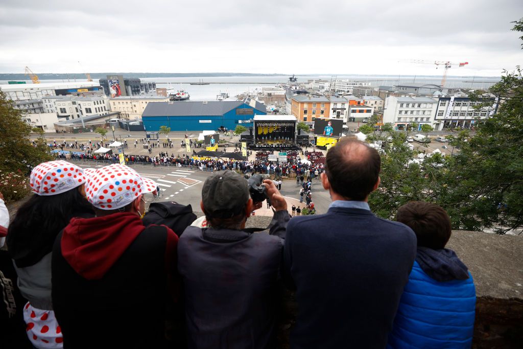 BREST FRANCE JUNE 24 Pierre Rolland of France Quentin Pacher of France Maxime Chevalier of France Franck Bonnamour of France Cyril Barthe of France Cyril Gautier of France Cyril Lemoine of France Bryan Coquard of France and Team BB Hotels pb KTM during the 108th Tour de France 2021 Team Presentation Public Fans Landscape LeTour TDF2021 on June 24 2021 in Brest France Photo by Chris GraythenGetty Images
