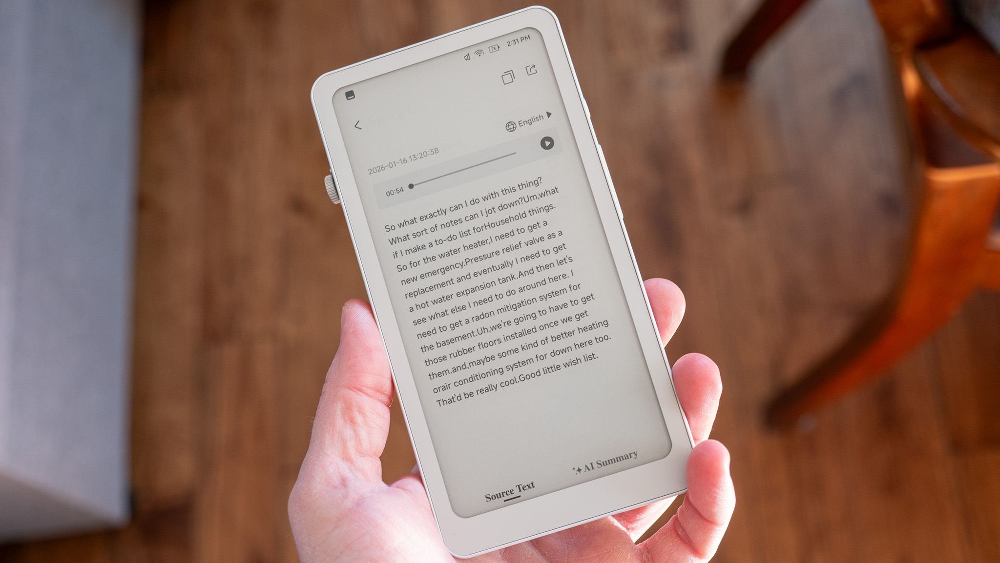 The DuRoBo Krono's Spark notes app transcribing a voice note