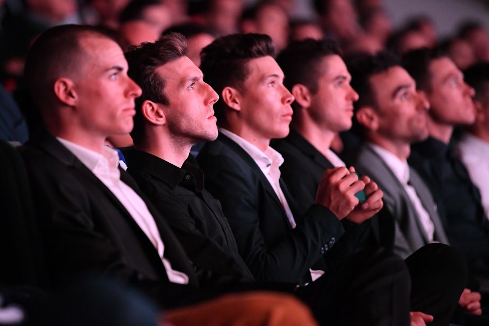 Enric Mas, Simon Yates and Miguel Angel Lopez listen to the 2019 Vuelta a Espana presentation