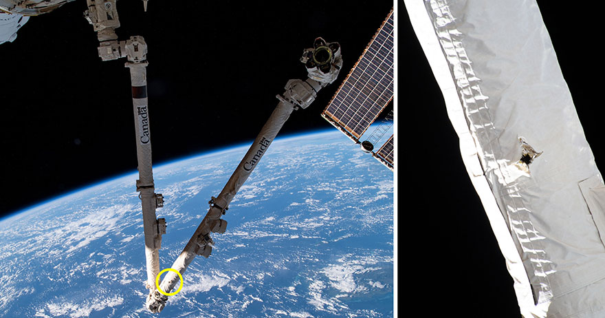 two images of canadarm2. one is far away and shows earth in the background, with a circle around the crook of the arm. the second is a closeup image showing a hole in the middle of the arm