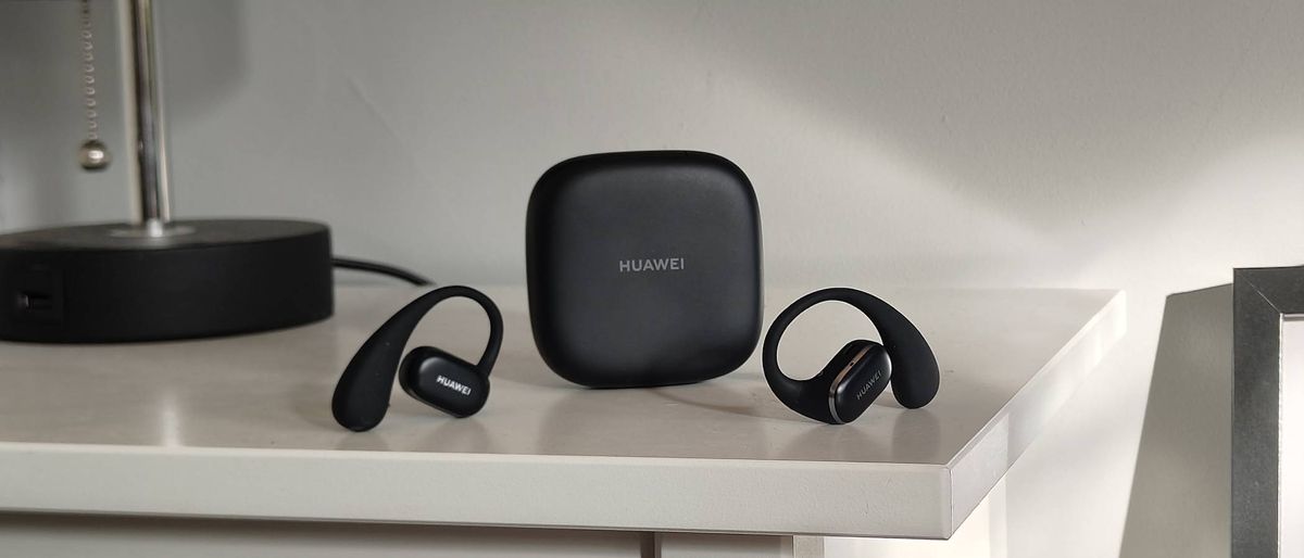 The Huawei FreeArc on a white shelf.