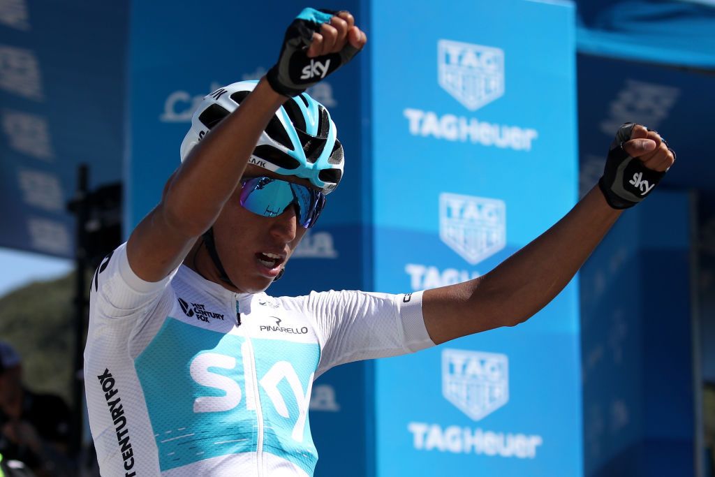 Egan Bernal (Team Sky) salutes the crowd on stage 2 of the 2018 Tour of California