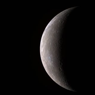 First high-resolution image of Mercury transmitted by the MESSENGER spacecraft (in false color, 11 narrow-band color filters).