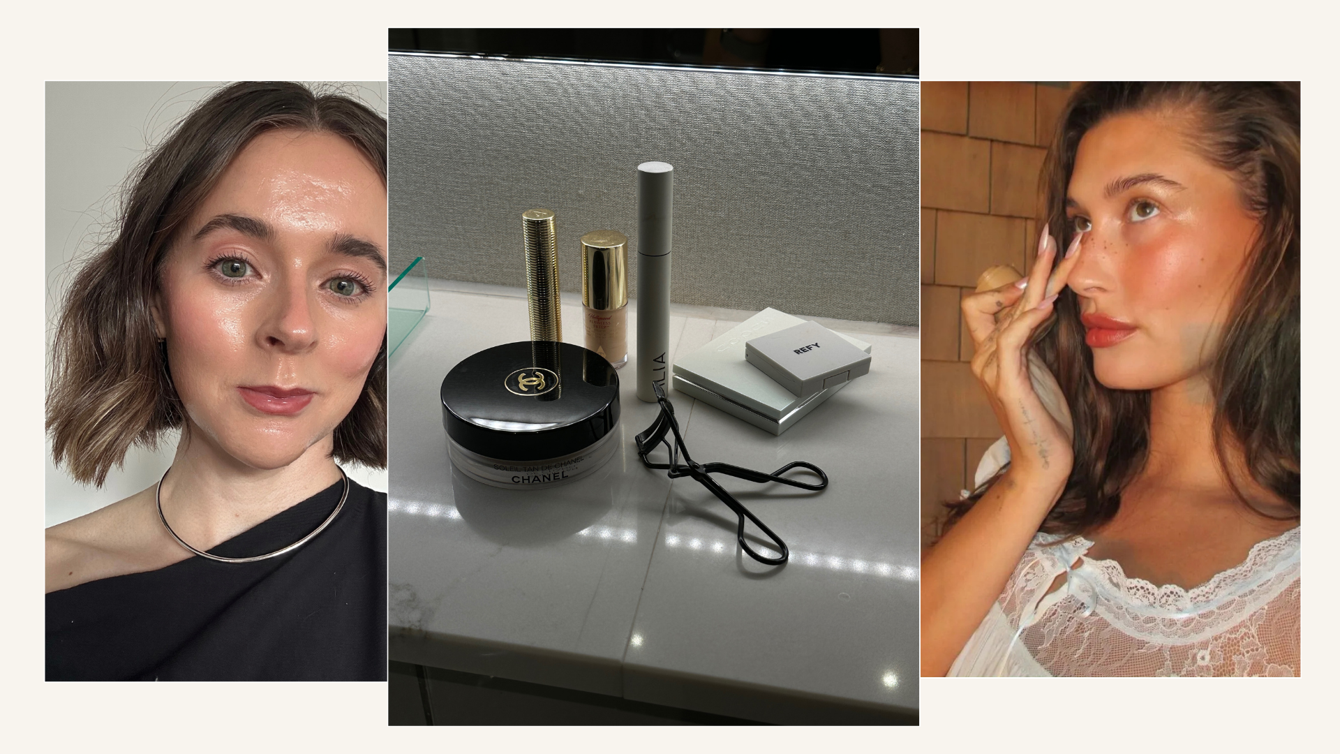 A collage of beauty contributor Grace Day and Hailey Bieber with bronzed skin