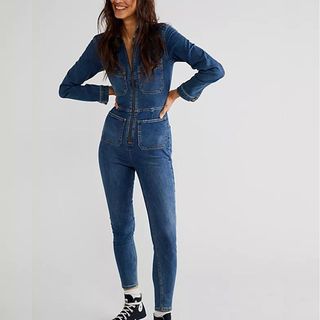 fitted denim jumpsuit with zip front