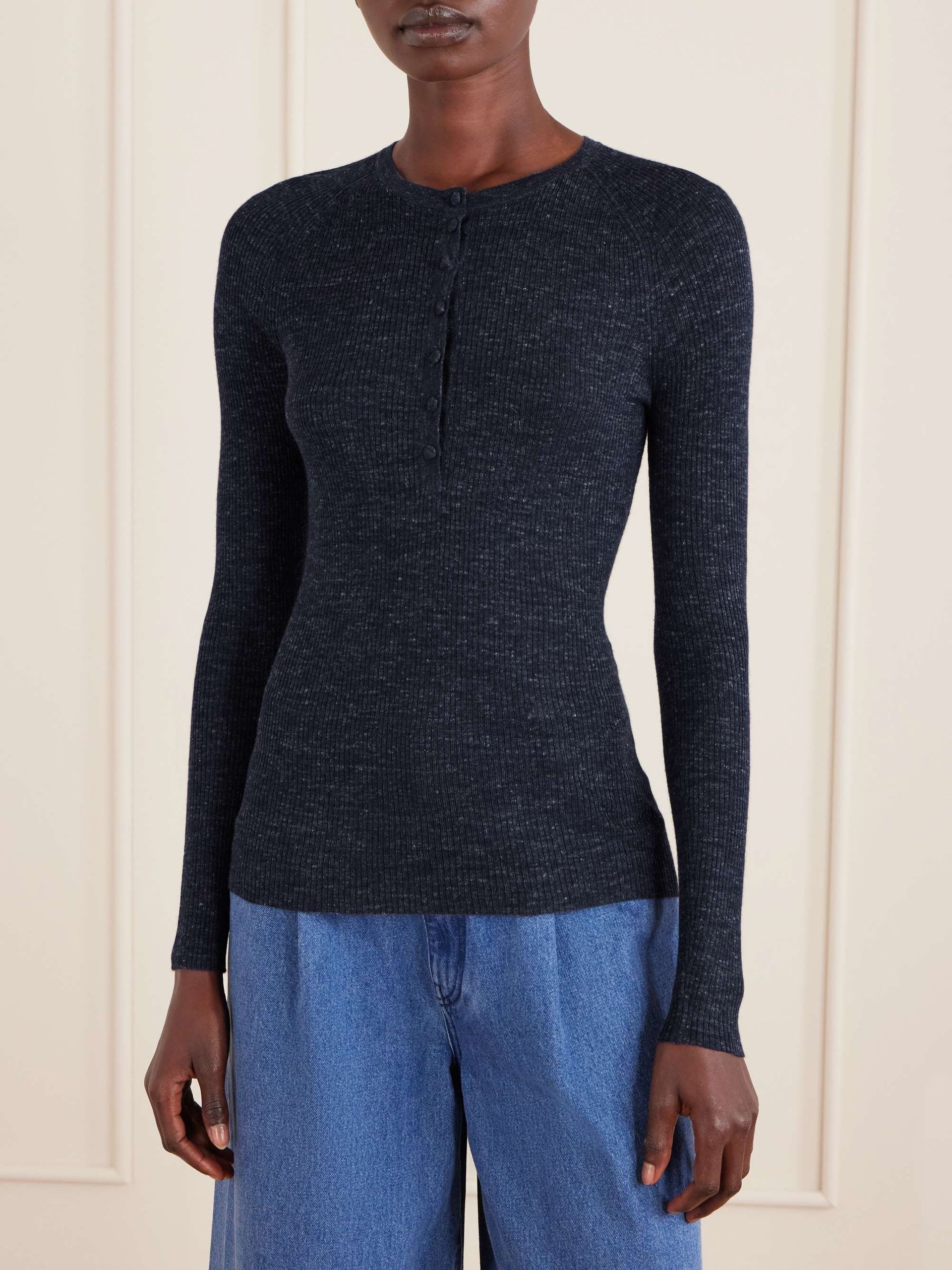 Anges Ribbed Cashmere, Silk and Hemp-Blend Henley Top
