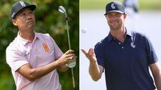 Kevin Na watches an iron shot and Hudson Swafford catches a golf ball