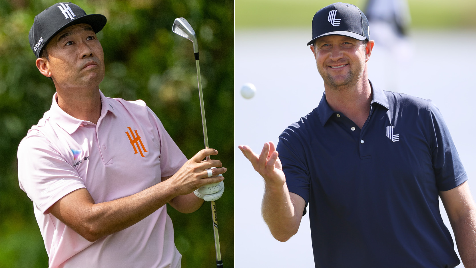 Kevin Na watches an iron shot and Hudson Swafford catches a golf ball