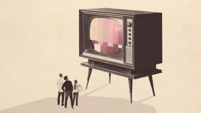 Photo collage of a family looking up at a gigantic, retro-style TV set towering over them